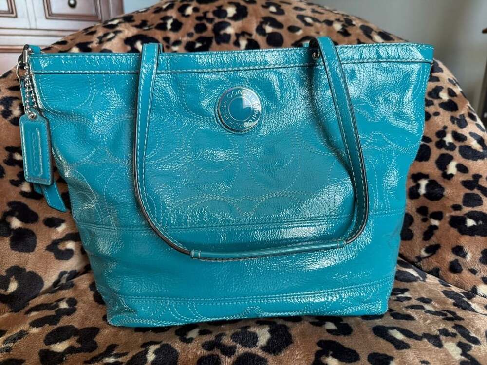 Coach Patent Leather Signature Tote Bag Teal Blue